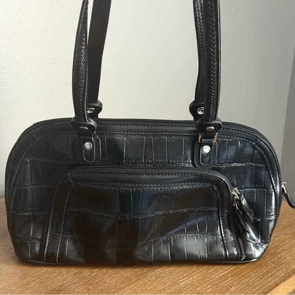 M.C. Marc Chantal Black Crocodile Embossed Leather Shoulder Handbag Purse - Picture 3 of 13